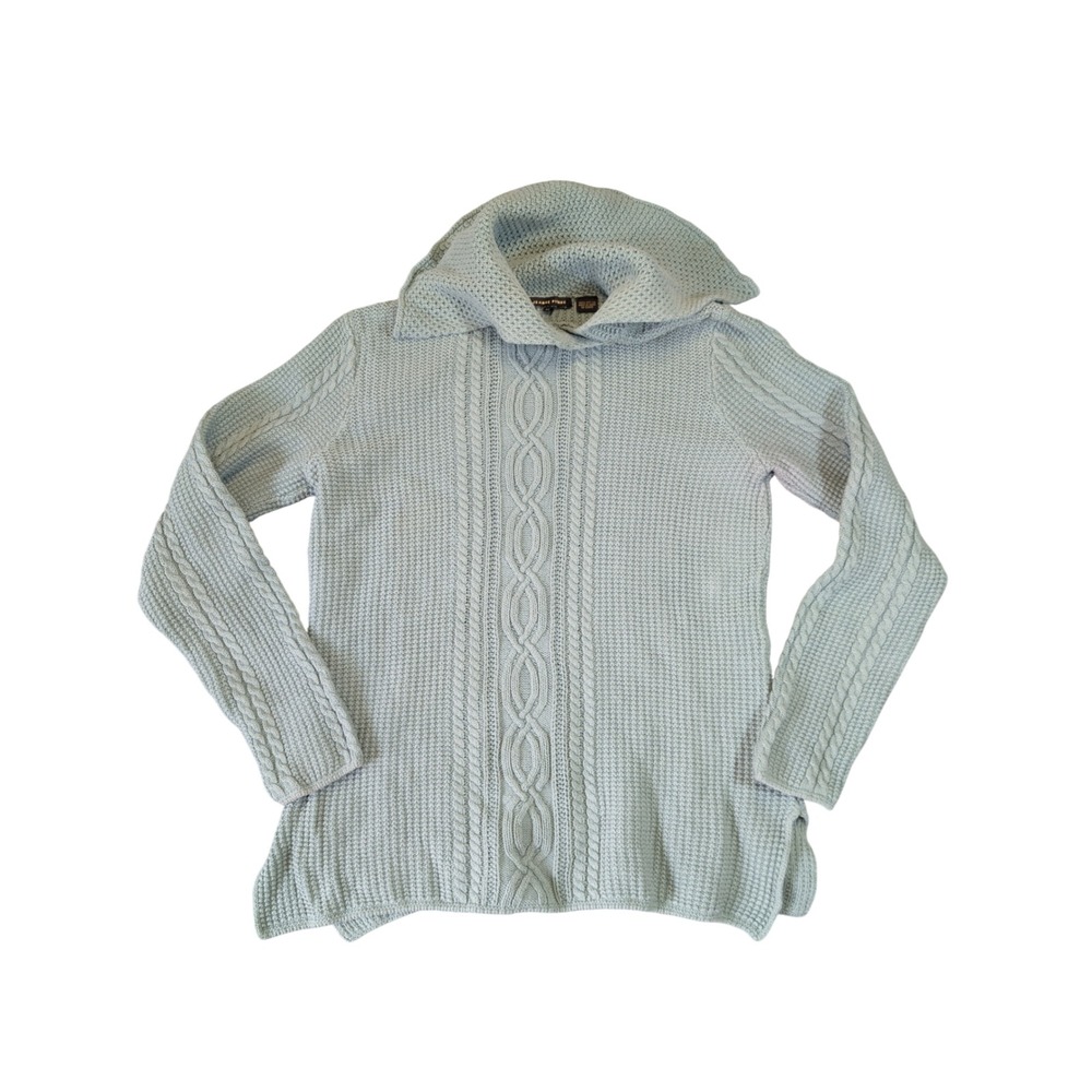 Jeanne Pierre Womens Cowl Neck Cable Knit Aqua Green Cotton Sweater Size M